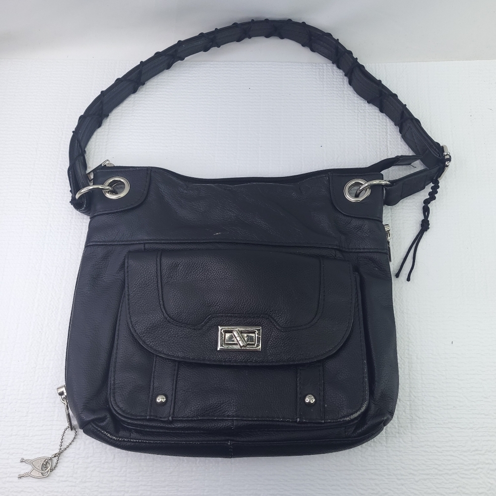 Roma Weapon Two Double Conceal and Carry Purse Handbag Black Leather Lock Zipper